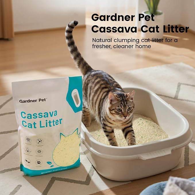 Gardner Pet Cassava Cat Litter, Clumping Tapioca Cat Litter with Odor Control, Low Dust, Natural Litter, Fast Absorption & Low Tracking Kitty Litter, Unscented with Deodorizing Pellets (9LBS*4)