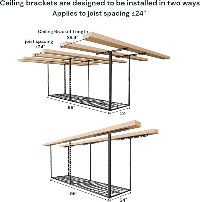 SunsGrove 2x8 Garage Storage Overhead Rack Organization, Adjustable Ceiling Mounted Storage Racks, 800LBS Weight Capacity, 22"-40" Ceiling Dropdown, Black