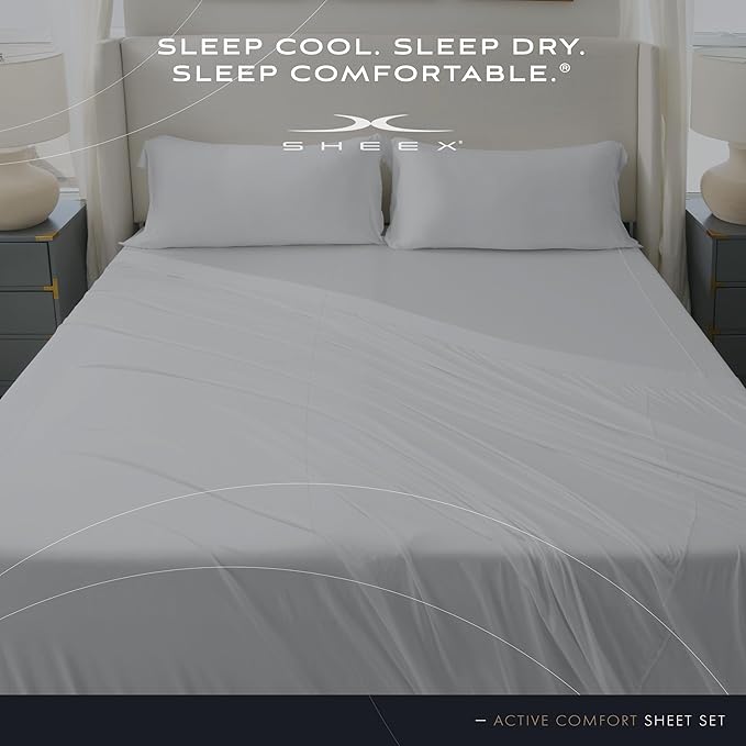 SHEEX - Active Comfort Cooling Sheets Set (Queen) Silver Cloud - Moisture Wicking - 1 Flat Cooling Sheet, 1 Fitted Cooling Sheet, 2 Cooling Pillow Covers - Wrinkle Free - Sleep Aid