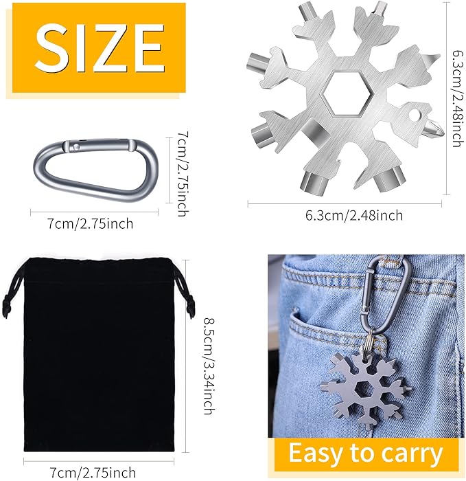 FZENeast Snowflake Multitool, 2 Piece 18-in-1 Stainless Steel Snowflake Standard Multitool, Snowflake Wrench with Key Ring, Carabiner Clip and Gift Bag (Silver)