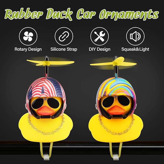 wonuu Rubber Duck Toy Car Ornaments Yellow Duck Car Dashboard Decorations Squeeze Duck Bicycle Horns with Propeller Helmet
