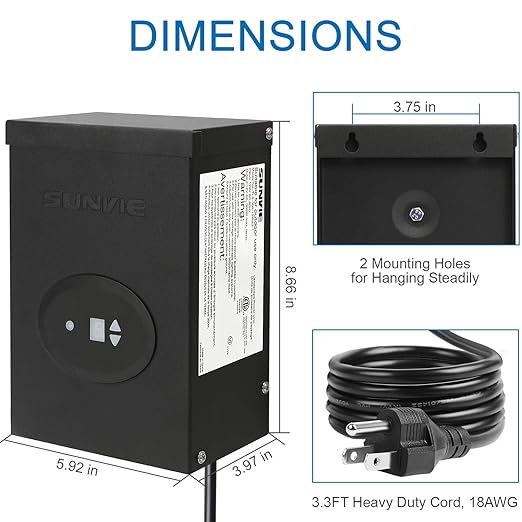SUNVIE 300W Low Voltage Transformer for Landscape Lighting with Timer and Photocell Sensor Waterproof Power Supply for Landscape Lights Path Lights Outdoor Spotlight 120V AC to 12V /14V AC(ETL Listed)