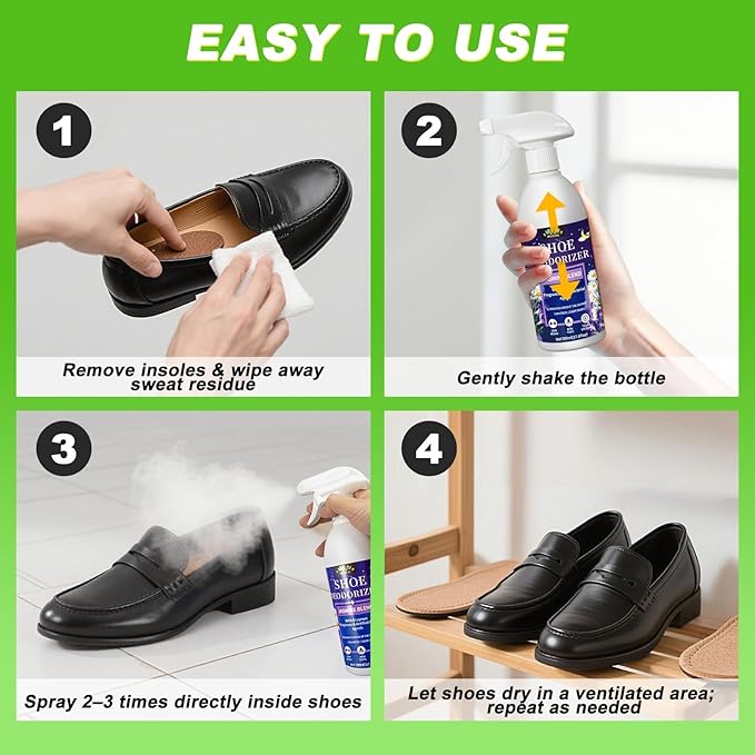 Shoe Deodorizer Spray β 17.6 Floz Powerful Odor Elimination For Shoe, Sneaker, Boot, Cleats & Leather β Long Lasting Shoe Odor Spray For Smelly Sandals, Freshener & Smell Remover for Stinky Footwear
