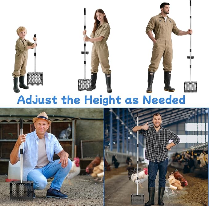 FHTONGE Heavy Large 2-in-1 Chicken Poop Scoop and Rake with Grip, Adjustable 5 Lenghts 22-74" Metal Chicken Coop Scooper for Sand Hay Bedding Litter, Sifting Shovel for Farm Livestock Poultry Garden