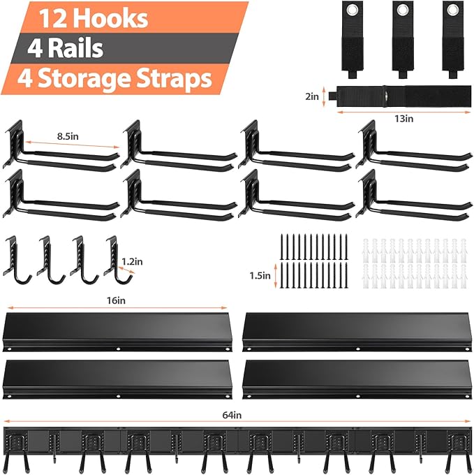 Garage Organizer - 64 Inch Wall Mount Tool Storage, 20PCs Heavy Duty Garden Tool Organizer with Adjustable Hooks, Max 900 lbs