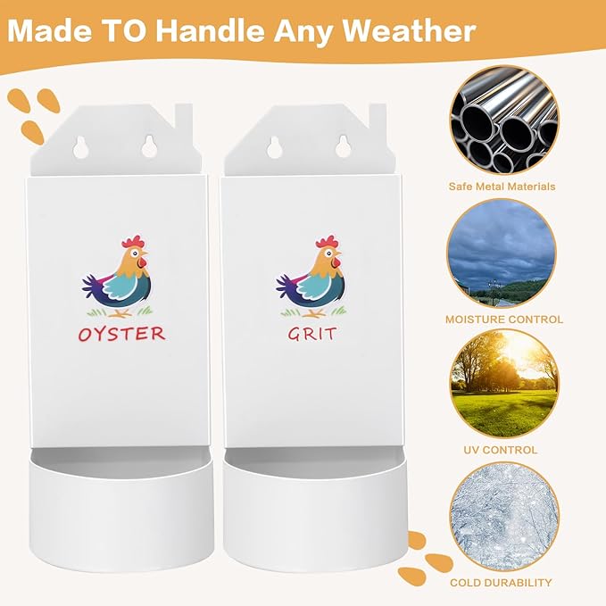 Chicken Grit and Oyster Shell Feeder,Metal Automatic Chicken Feeder,Chicken coop Accessories Poultry feeders, Suitable for Quail, Pigeons, Doves, Chicks, and Adult Chickens(2 Pcs White)