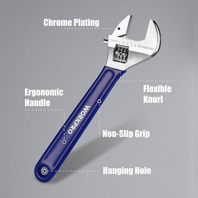 WORKPRO Adjustable Wrench Set, 6-inch, 8-inch, 10-inch, 12-inch Wide Jaw Wrenches with SAE and Metric Scales, Rubber Grip, Heat-Treated Steel for Home Repairs, Plumbing, and Garage Work