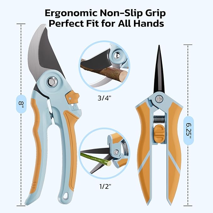 NEXON Garden Pruning Shears 2 Pack, 8" Bypass Hand Pruner & 6.25" Precision Garden Scissors, Professional Garden Clippers for Plants and Flowers
