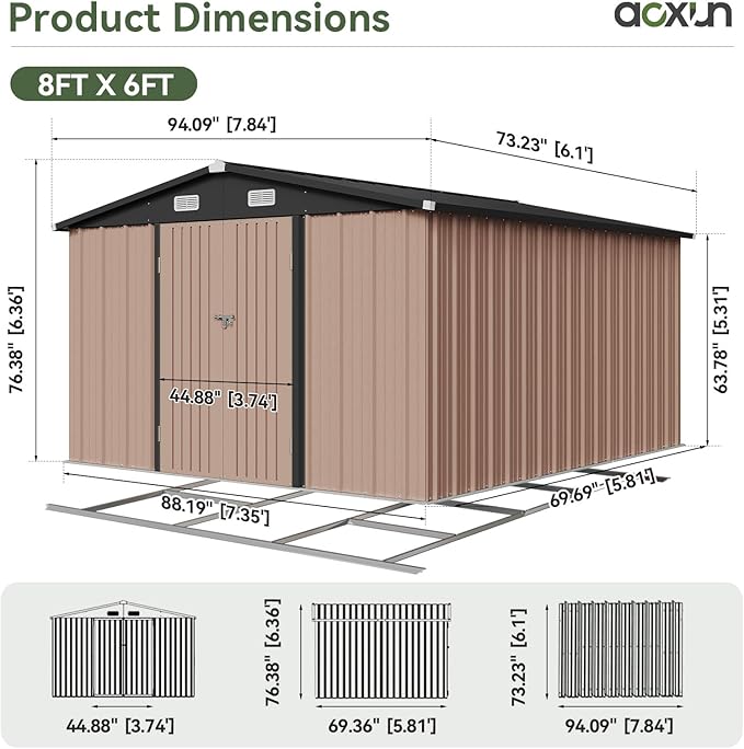 Aoxun 6' x 8' Storage Shed with Base Outdoor Steel Garden Utility Cabinet with Lockable Door Waterproof & Rust-Proof for Yard, Patio, Backyard (Brown, Base Included)