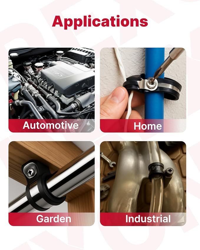 125PCS Cable Clamps Assortments Kit, 10 Sizes from small hose clamps 1/4", 3/8" to 5/8" & 1-3/4" large Stainless Steel Rubber Coated Insulated Cable Clamps for Metal Wire, Cable, Pipe, Hose,Fuel line