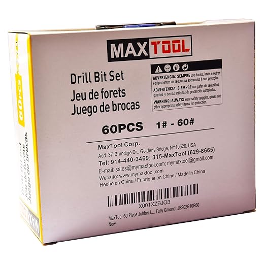 MaxTool Twist Drill Bit Set 60PCs High Speed Steel M2 Jobber Length Fully Ground for Metal Stainless Steel Plastic etc Number 1-60; JBS02G10R60