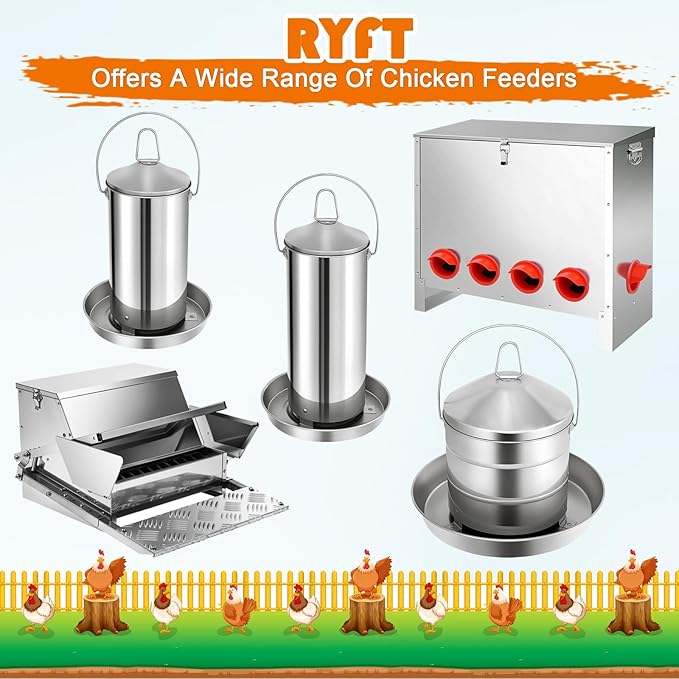 RYFT Automatic Chicken Feeder 3KG/6.6lbs, Stainless Steel Poultry Feeder, Heavy Duty Thickness 0.035 in / 0.9 mm, with Handle, Top Filled, Durable and Rust Resistant