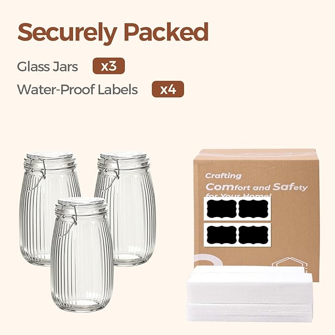 ComSaf Airtight Glass jar with lid 51oz Set of 3, Glass Storage Containers with Lids, Large Glass Canister, Striped Clip Fastening Jar for for Canning, Flour, Pasta,Coffee Beans, Cereal, Rice, Pickle