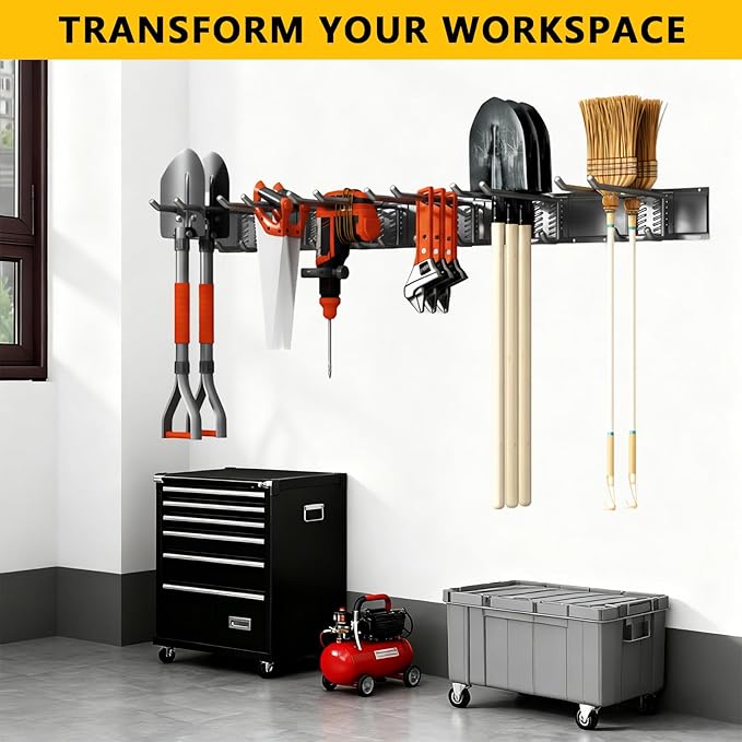Garage Tool Organizer Wall Mount, 32inch Heavy-Duty Garage Storage System and Garden Tool Organizer with 4 Adjustable Hooks for Shovel, Snowboard, Yard Tools and Shed