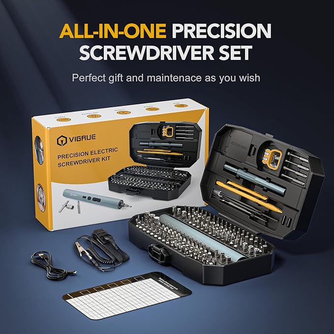 VIGRUE Electric Screwdriver, 155 IN 1 Mini Precision Screwdriver Set, 3 Torque Settings with 140 Magnetic Precision Bits, Power 650mAh Cordless Screwdriver Kit for Laptop Camera Watch Drones Repair