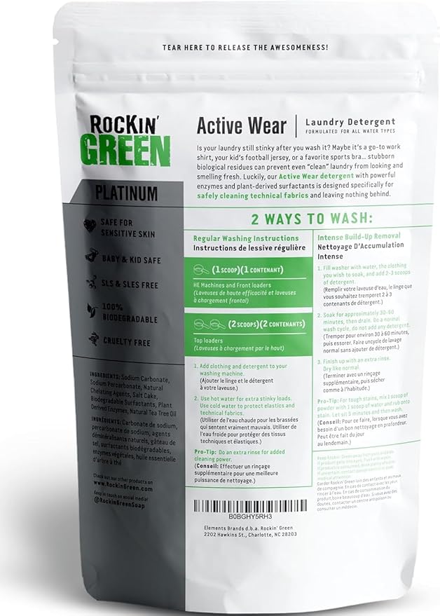 Rockin' Green Laundry Detergent, Plant based, All Natural Laundry Detergent Powder, Vegan and Biodegradable Odor Fighter, Safe for Sensitive Skin (Active Wear 90 Loads - Lavender Mint)