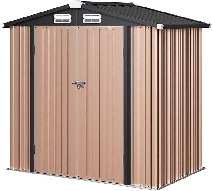 Aoxun 6'x4' Outdoor Metal Storage Shed with Lockable Door- Ideal for Tools, Garden Equipment & Bikes, Perfect for Patio Placement(Base Included/Brown)
