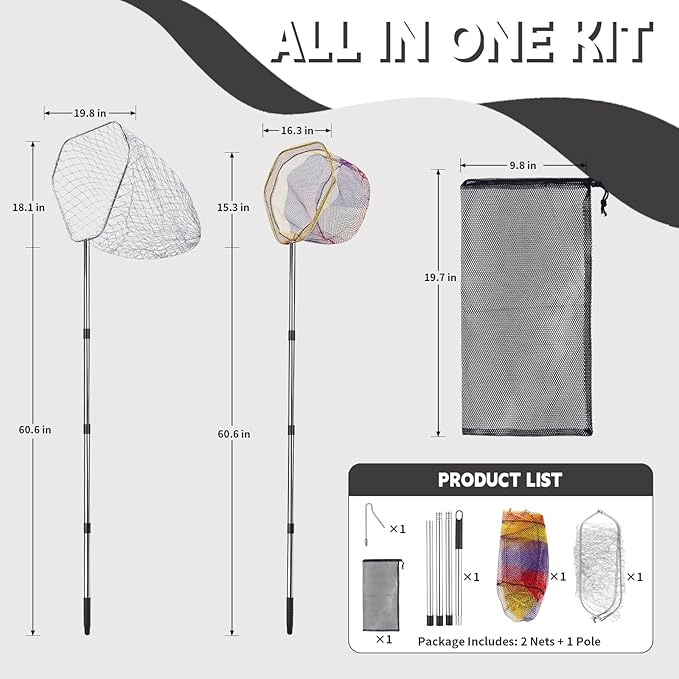 Chicken Catcher 3 in 1 Kit,Adjustable from 33" to 79" Chicken Net with 2 Folding Catching Nets & Chicken Leg Hook.Suitable for Catching Chicken,Ducks,Fish,Birds,Poultry and Animals(15.3" x 23.2" Net)