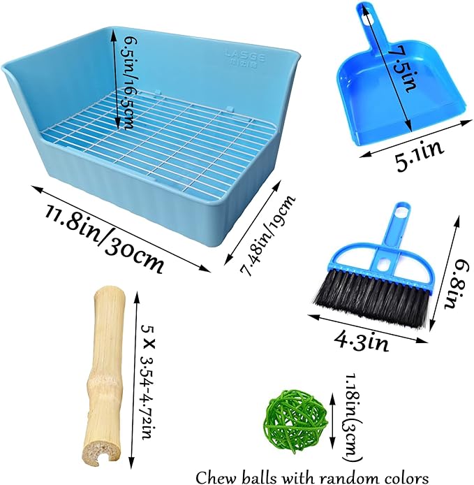 Hamiledyi Rabbit Litter Box Toilet, Pets Plastic Square Rabbit Cage Potty Trainer Corner with Small Animal Cage Clean Broom Molar Sweet Bamboo for Bunny Chinchillas Guinea Pigs (Blue)