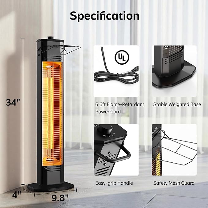 Outdoor Electric Patio Heater, 34-inch 1500W Infrared Tower Heater with Instant Heating, Tip-Over & Overheat Protection, IPX5 Waterproof Space Heater for Patio Garage Workshop Indoor & Outdoor Use