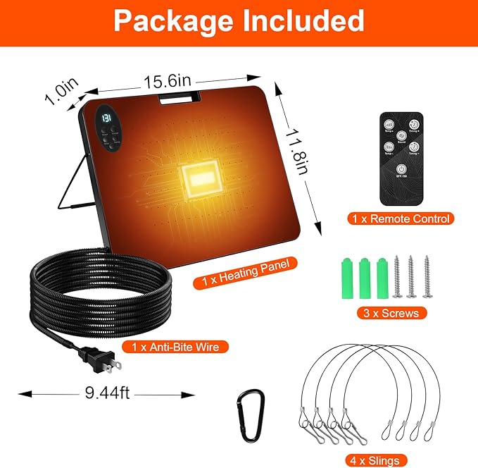 Chicken Coop Heater for Winter, Inside and Outdoor Pet, Animal Heater,Radiant Heat Panel with Overheating Protection with High Temperature Alert,Remote Control Timing Function, Adjustable Temp