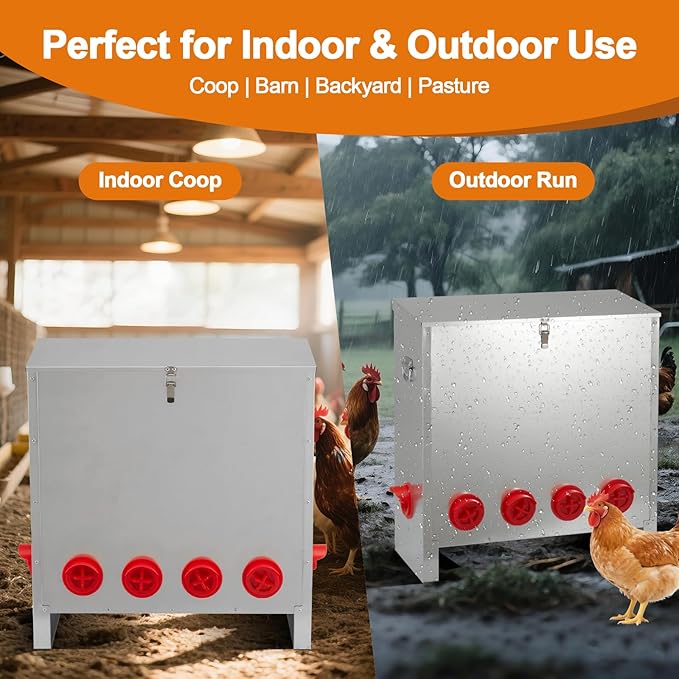Automatic Chicken Feeder 85-120lbs Capacity, Galvanized Metal Poultry Feeding Equipment, Rainproof & Rodent Proof Large Chicken Food Dispenser for Backyard Coop & Farm Use (10 Ports)