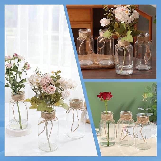 12PCS Transparent Glass Flower Vases for Centerpieces Boho Cylinder Bud Vases in Bulk Mason Jars for Weddings, Parties & Vintage Home Decor(Transparent 12)