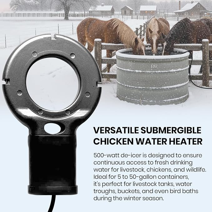 Upgraded 500-Watt Chicken Water Heater - Submergible Cast Aluminum Utility De-Icer with Black Teflon Coating for Livestock Tanks, Winter Bird Bath, and Mineral Buildup Resistance