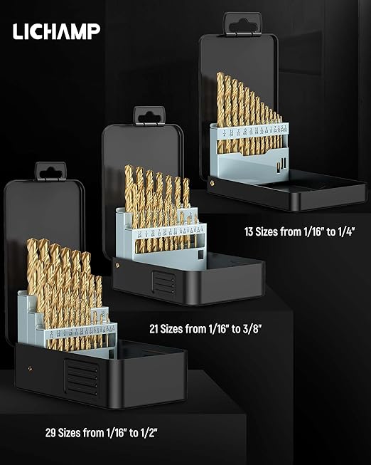 Lichamp 21-Piece HSS Drill Bit Set, Titanium Coating High-Speed Steel Drill Bits from 1/16" to 3/8" for Metal, Steel, Cast Iron and Plastic - Comes with Indexed Storage Case