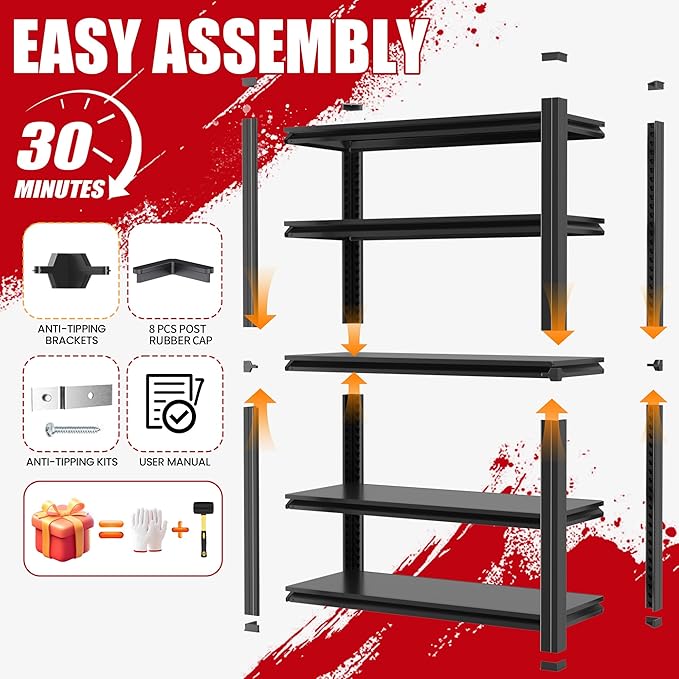 Heavy Duty Garage Shelving, Metal Storage Shelves, Adjustable 5 Tier Metal Shelving Unit, Industrial Utility Rack for Garage, Warehouse, Workshop, 12" D×27.5" W×60" H, Black