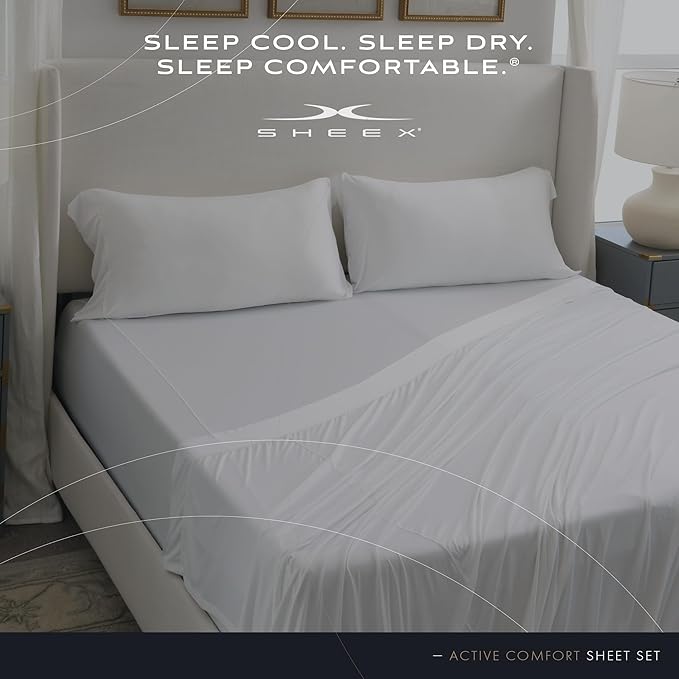 SHEEX - Active Comfort Cooling Sheets Set (King/California King) Bright White - Moisture Wicking - 1 Flat Cooling Sheet, 1 Fitted Cooling Sheet, 2 Cooling Pillow Covers - Wrinkle Free - Sleep Aid
