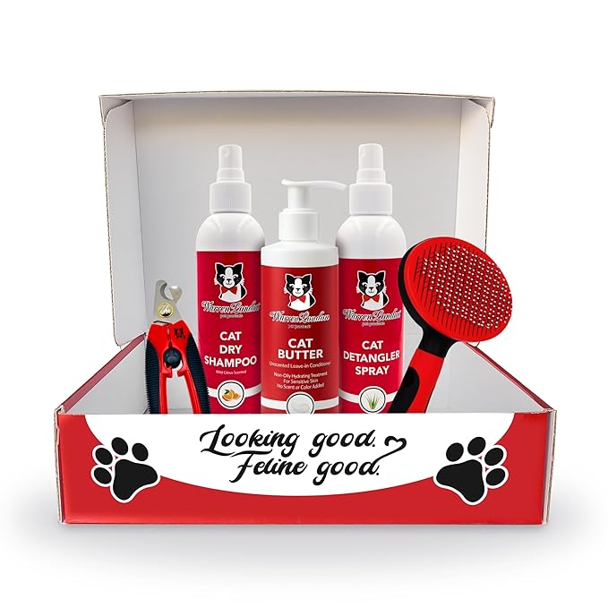 Warren London Ultimate Cat Grooming Gift Box – 5-in-1 At-Home Spa Kit with Detangler Spray, Hydrating Butter, Waterless Dry Shampoo, Self-Cleaning Pin Brush & Nail Clippers, $70 Value