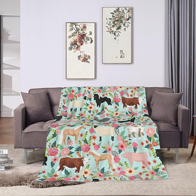 Cow Horse Blanket Super Cozy Soft Pig Goat Blanket Warm Plush Fluffy Chicken Flower Stuff Gifts for Women Girls Fleece Flannel Gift Blankets for Kids Adults 60"X50"