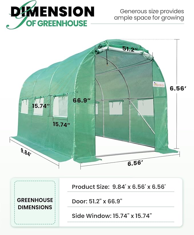 KING BIRD Premium 10x6.6x6.6FT Greenhouse for Outdoors, Large Walk-in Heavy Duty Galvanized Steel Frame, Mesh Door Screen Window Tunnel Hoop Garden Plant Winter Hot House, with Watering Kits, Green