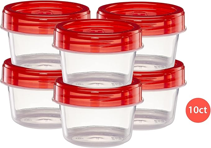 (4 Ounce 10 Pack) Twist cap Containers Clear Bottom With Red Top Screw on Lids Twist Top Food Storage Freezer Reusable Containers