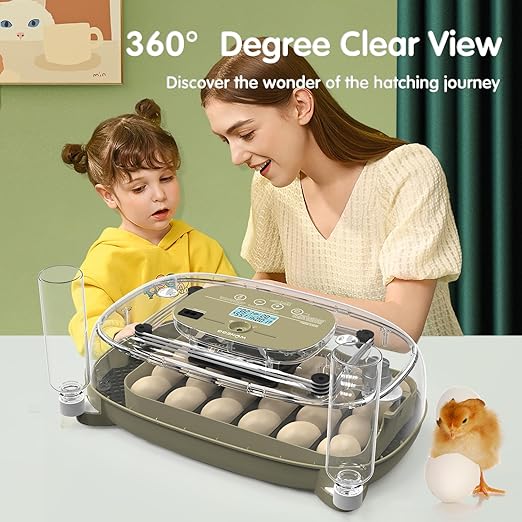 24 Egg Incubator with Automatic Turning, Temperature and Humidity Control, LED Egg Candler, and Auto Water Addition, for Hatching Chicken, Goose, Duck, Quail, Pigeon, and Turkey Eggs