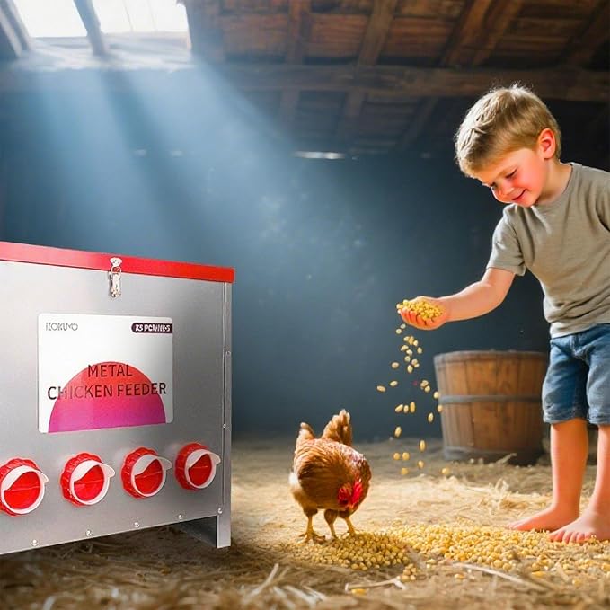 Automatic Metal Poultry Feeder No Waste Large Capacity 85-120LBS Weatherproof Animal-Proof 10-Port for Chickens, Geese, Ducks, Turkeys, Quails