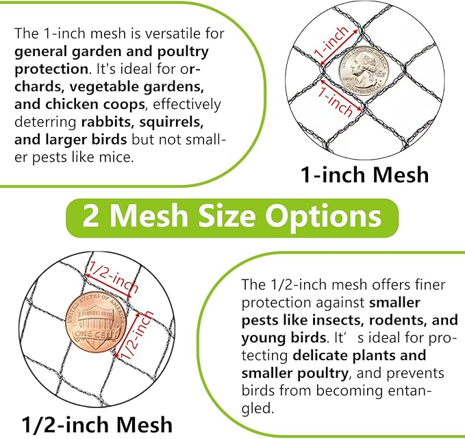 50x100ft Bird Netting for Chicken Coop Poultry Netting 1 inch Mesh Heavy Duty Chicken Coop Cover Netting Roof Hawk Proof Bird Netting for Garden Protection Fruit Tree Netting Against Squirrels Deer