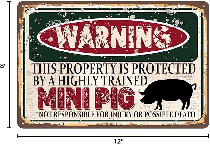 Vintage Mini Pig Metal Sign, Warning this property is protected bY a highly trained Mini Pig Sign Funny Tin Signs 12x8 Inch