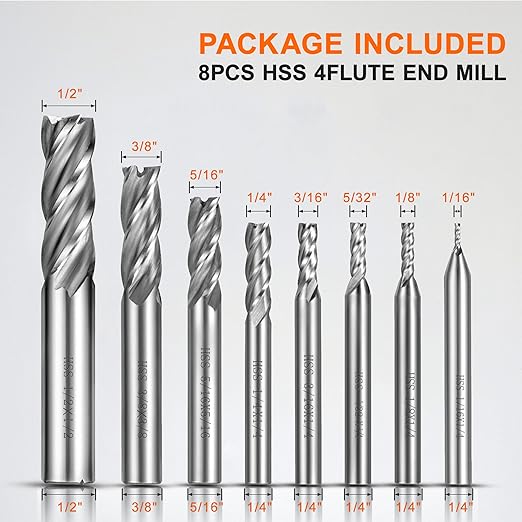 ASNOMY 8pcs 4-Flute Straight End Mill Set,1/8"-1/2" Inch CNC Milling Cutter Drill Bits Router Bits Cutter Tool Set for Wood Aluminum Cast Iron Copper Plastic