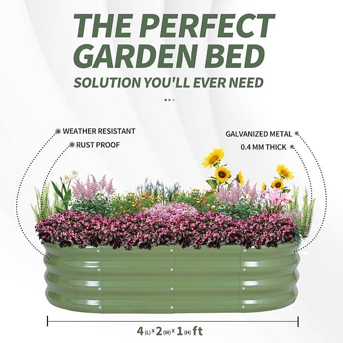 1MORE Galvanized Raised Garden Bed- Planter Garden Boxes Outdoor, Raised Beds for Gardening, 4x2x1ft Metal Garden Bed Kit for Vegetables Flower, Planter Raised Beds with Tools.Green