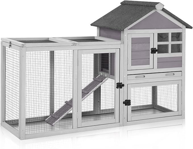 GUTINNEEN Large Rabbit Hutch Outdoor 2-Level Wooden Chicken Coop Indoor Weatherproof Bunny Cage Guinea Pig House with Waterproof Roof, Leak-Proof Pull Out Tray, Lockable Door for Small Animals (Grey)