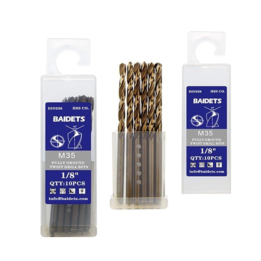 1/8" Cobalt Drill Bits 10Pcs - BAIDETS M35 1/8 Inch HSS Metal Twist Drill Bits Set for Hard Metal, Stainless Steel, Cast Iron and Other Hard Materials