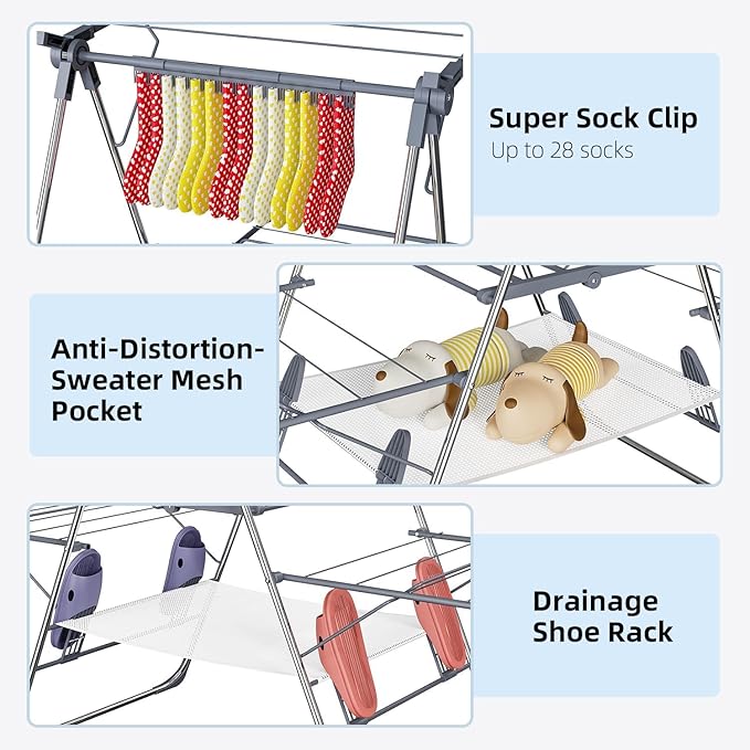 Clothes Drying Rack, Foldable 2-Level Laundry Drying Rack for Clothes,Stainless Steel Drying Rack Clothing Collapsible for Indoor Outdoor,with Height-Adjustable Wings