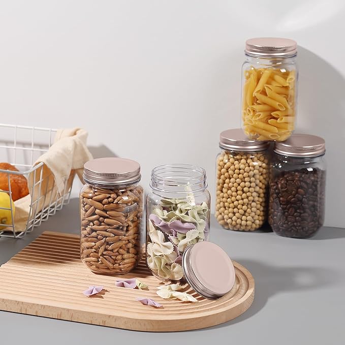 novelinks 16 oz Clear Plastic Jars with Screw-On Lids - BPA-Free Refillable Storage Containers for Slime, Food, Crafts, Kitchen & Household Use (10 Pack,Rose Gold)