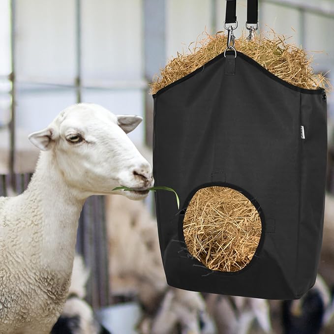 Goat Hay Feeder,Hay Bags for Goats,Horses,Sheep,Premium 600D Oxford Cloth,with Metal Fastener and Adjustable Open Feed Hole for Slow Feeding,Easy to Fill and Hang with Large Opening (Black)