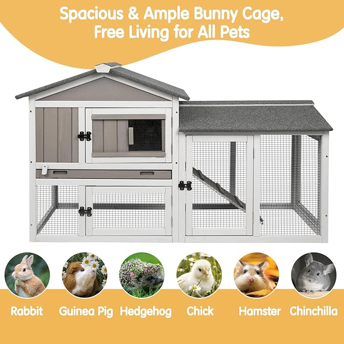 Rabbit Hutch Indoor Outdoor 57 "L Bunny Hutch with Pull Out Tray,2 Story Wooden Rabbit Cage with Asphalt Roof,Guinea Pig Cage with Ventilation Doors,Ramp for Small Animals(Grey)