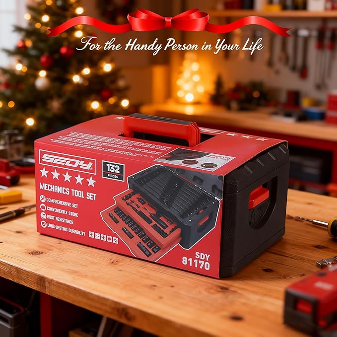 Premium 132-Piece Mechanics Tool Set, SAE/Metric 1/4" & 3/8" Drive Socket Set, Ratcheting Wrenches, Extensions & Adapters, Quick-Release Ratchet, Professional Auto Repair Tool Kit with Storage Case