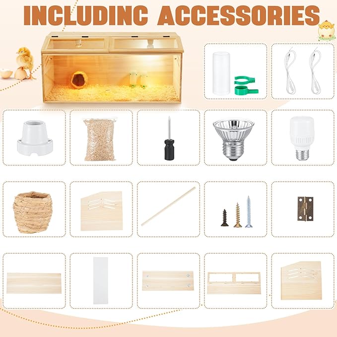 Brooder Box for Chicken Quails Stand Sliding Door, Bulb Set and Feeder, Indoor Chicks Coop Brooder Box Kit, for Ducks, Hamsters, Lizards, Mice, Rat(No Legs,Wooden,32 x 16 x 16 in)