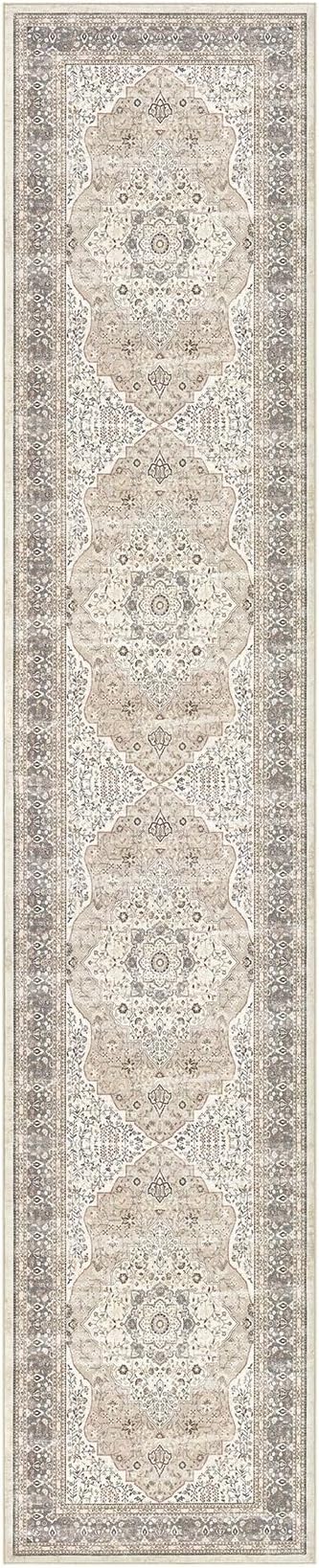 Washable 3x14 Hallway Runner Rug - Vintage Floral Stain & Fade Resistant Non-Slip Backing Ultra-Thin Long Carpet for Entryway, Bedroom, Kitchen, Corridor Decor (Camel/Beige)